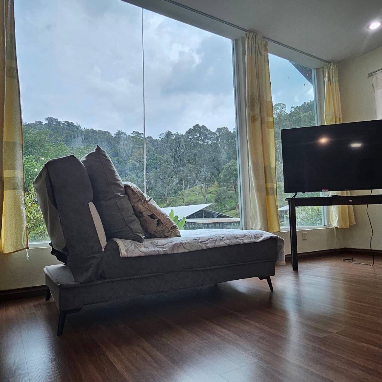 Gray chaise lounge with pillows by large windows overlooking a lush, green forest landscape.